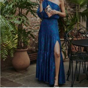 Veronica Beard Serence Floral Blue Purple Green Silk Slit Maxi Skirt Flowy